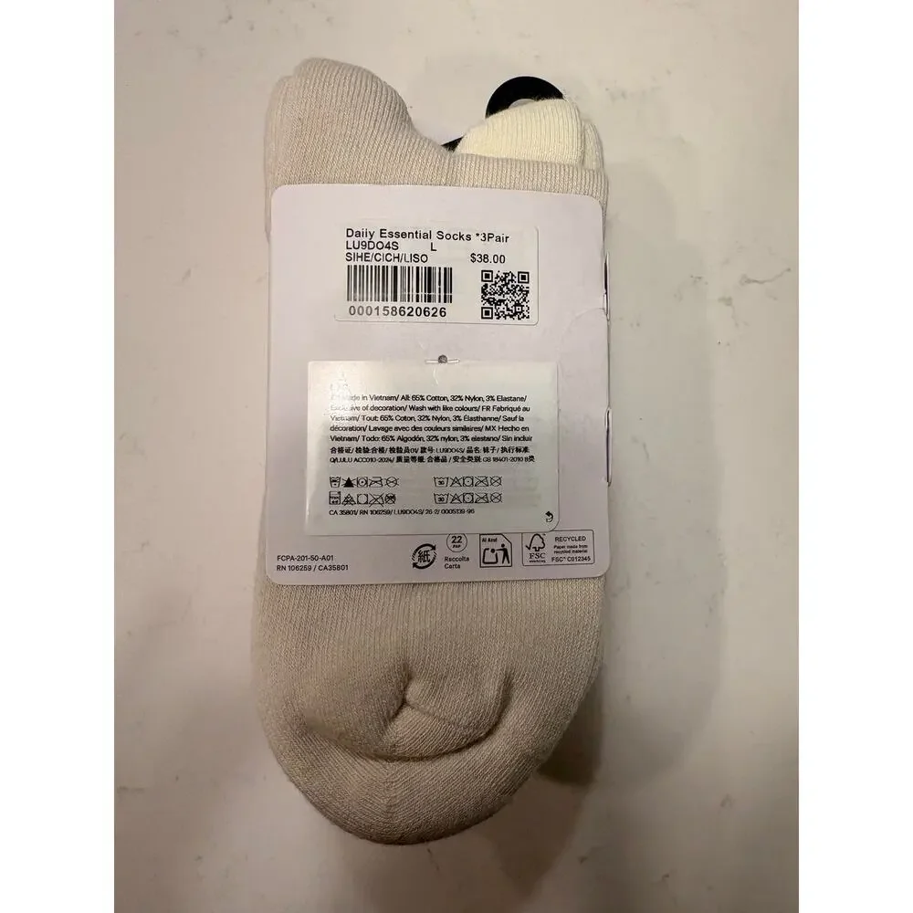 NWT Lululemon Daily Essential Socks - Quarter Length- 3 pairs- Sz L - $38 MSRP
